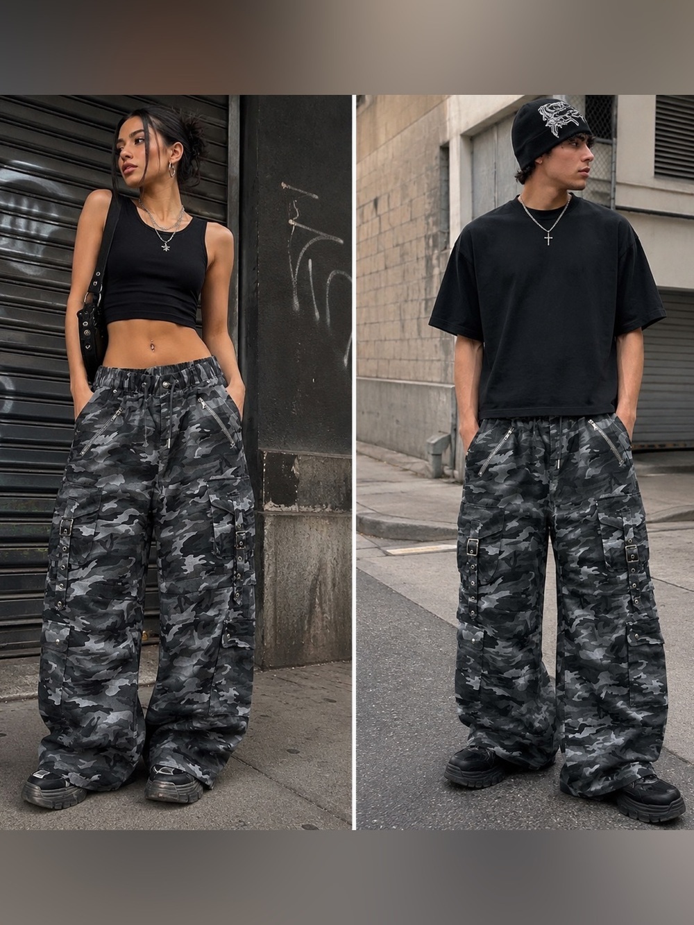 Unisex Black & Gray Camo convertible Cargo wide leg Street wear Pants siz XL
